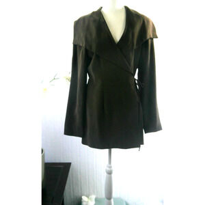 Leilei Women's 100% Silk Brown Career Blazer Tie Front Size 14